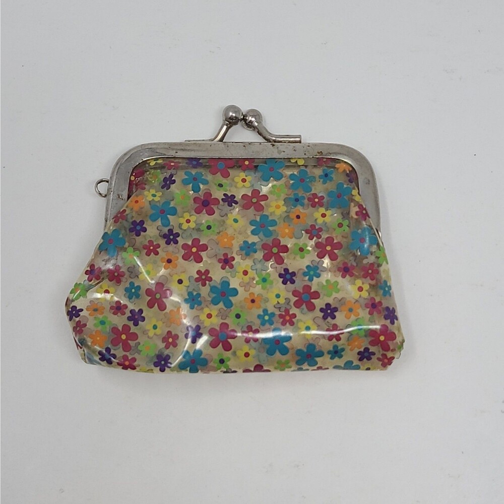 VTG Y2K 90s Clear Vinyl Kiss Lock Coin Purse Retro Multi Color Floral
